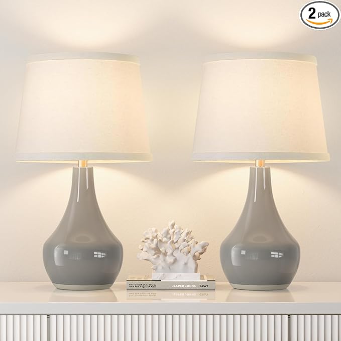 Seealle Modern Ceramic Table Lamps for Night Stands - Bedside Lamps Set of 2 for Nightstand, 19.4" Grey Bedroom Lamp for Living Room Cute Desk End Table Office Guest Room Dresser Rocker Swtich