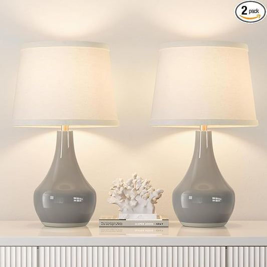 Seealle Modern Ceramic Table Lamps for Night Stands - Bedside Lamps Set of 2 for Nightstand, 19.4" Grey Bedroom Lamp for Living Room Cute Desk End Table Office Guest Room Dresser Rocker Swtich