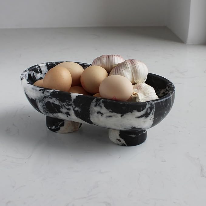 Natural Oval Calacatta Black Marble Fruit Bowl for Kitchen Counter 10", Large Decorative Bowl Two-Legs for Home Decor, Fruits Holder For Dining Table - Kitchen Organization
