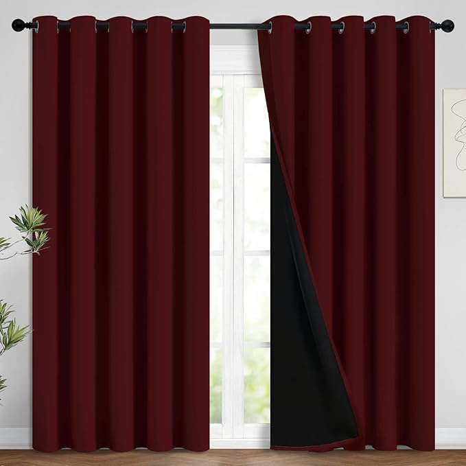 Yakamok 100% Blackout Lined Panels, Room Darkening Thermal Insulated Blackout Curtains for Bedroom, Heat Blocking Drapes for Living Room(62Wx84L, Burgundy Red, 2 Panels)