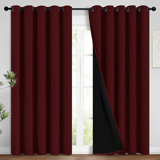 Yakamok 100% Blackout Lined Panels, Room Darkening Thermal Insulated Blackout Curtains for Bedroom, Heat Blocking Drapes for Living Room(62Wx84L, Burgundy Red, 2 Panels)