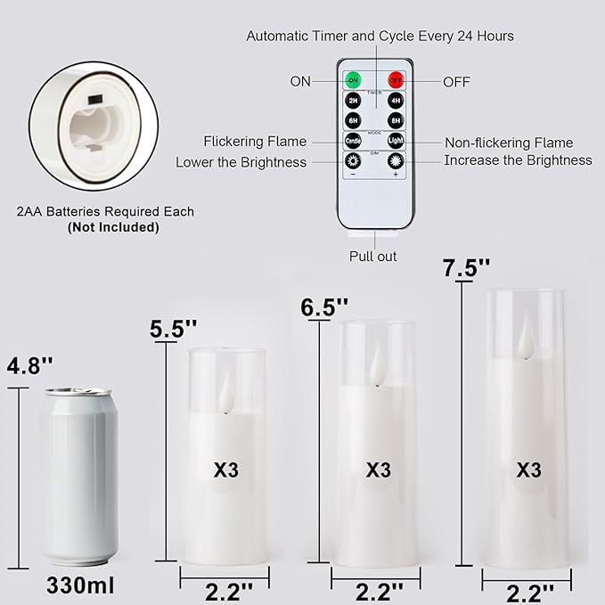 Amagic Pure White Flameless Candles, 9 Pack Battery Operated Candles with Remote and Timer, Acrylic Flickering Electric LED Candles for Wedding, Holiday Decor, D2.2''xH5''6" 7", Warm Yellow Glow