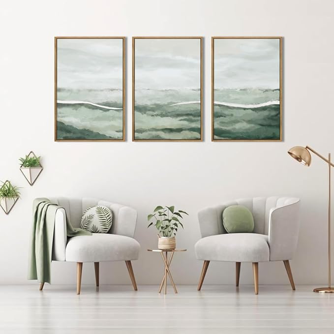 ANHUIB Green Wall Art 16x24 Inch Large Canvas Wall Art Abstract Watercolor Wall Decor Misty Landscape Art Prints Framed Neutral Paintings Set of 3 for Living Room Bedroom Ofice