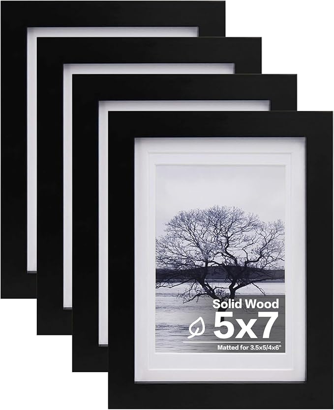 Egofine 5x7 Picture Frames Set of 4, Made of Solid Wood Covered by Plexiglass 3.5x5 and 4x6 with Mat or 5x7 without Mat, for Table Top Display and Wall Mounting Photo Frame Black