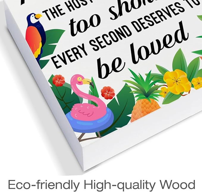 Summer Decorations Summer House Wood Block Sign Flamingo Decor for Home Desk Table Shelf 5 x 5 Inches