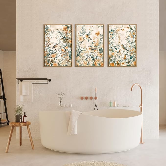 ANHUIB Large Neutral Floral Wall Art 16x24 Inch Beige Botanical Wall Decor Bird Painting Set of 3 for Living Room Bedroom Barhroom