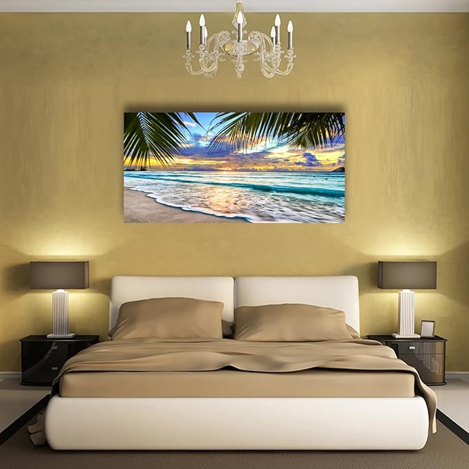 Beach Pictures Canvas Wall Art for Living room Bedroom Wall Decor,Sunset and Beautiful clouds Wall Art Print Paitnings for home Decor,Morden Artwork Waves Canvas Art Waterproof Stretched Ready to