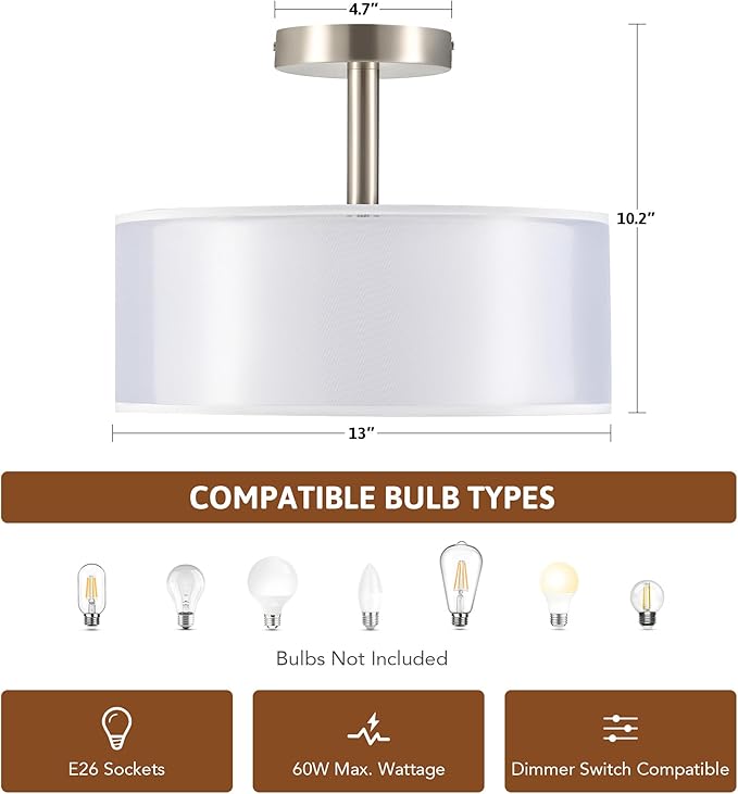 VONLUCE Semi Flush Mount Ceiling Light, 13'' Ceiling Light Fixture with 2-Layer Fabric Shade, 3-Light Modern Drum Light Fixture for Bedroom Living Room Entryway Hallway, White Shade & Nickel Finish