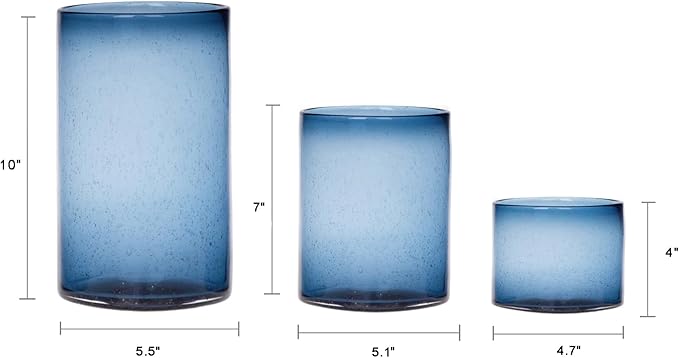 ARIAMOTION Glass Hurricane Candle Holders Bulk for Pillar Blue Seeded Bubbles Cylinder Table Centerpiece Modern Rustic Vases Home Decor 10" 7" 4" Set of 3