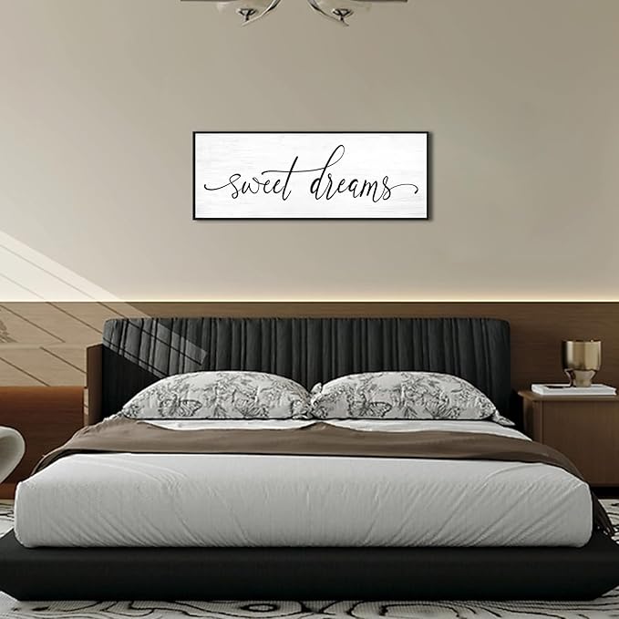 Sweet Dreams Wall Decor Above Bed: 32''×12'' Large Framed Bedroom Canvas Wall Art,Farmhouse Sweet Dreams Sign For Master Bedroom Guest Room Black Hanging Decorative Wall Sign