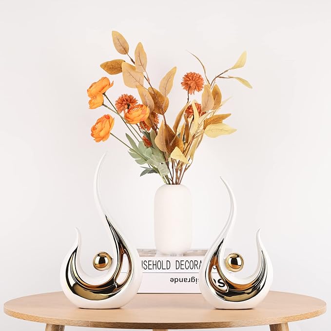 LCCCK White Gold Abstract Figurine Statues for Home Decor – Modern Ceramic Sculpture Accent, Decorative Statues for Living Room, Shelf, TV Stand, Office or Coffee Table Centerpiece Art Decoration