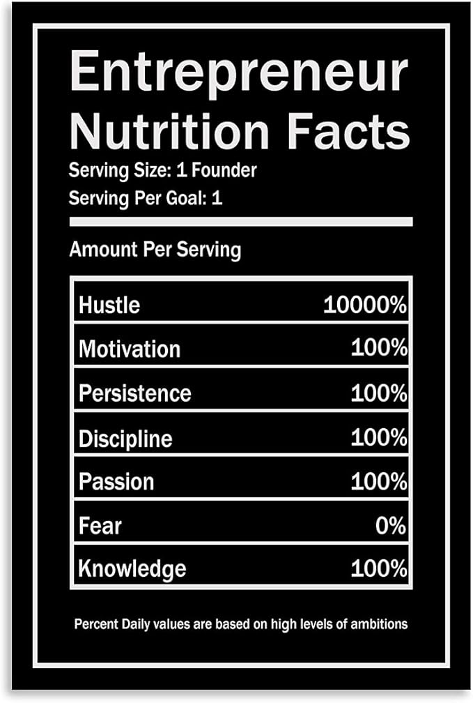Entrepreneur Nutrition Facts Canvas Wall Art Motivational Quotes Poster Inspiring Entrepreneurship Hustle and Bustle Success Pictures Printed Artwork Office Home Decor Ready to Hang[12''W X 18''H]