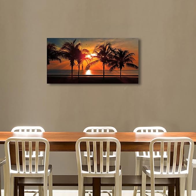 Beach Canvas Wall Art Seascape Theme Pictures Home Decor Blue Ocean Coconut Tree Sunset Prints Paintings for Living Room Bathroom Bedroom Kitchen Office Decoration Natural Scenery Artwork 24x48inches