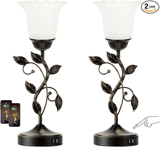 RORIANO Set of 2 Touch Bedside Vintage Lamps with 2 USB Ports, 3-Way Dimmable Flower Lamps, White Glass Shade Rustic Leaf Lamp for Bedroom Side Table, LED Bulb Included