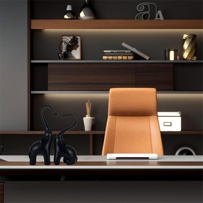 Loving Elephant Statues Home Decor, Small Black Elephant Figurines in Love, Elephant Sculpture Heart Decorative Objects for Bookshelf Decor