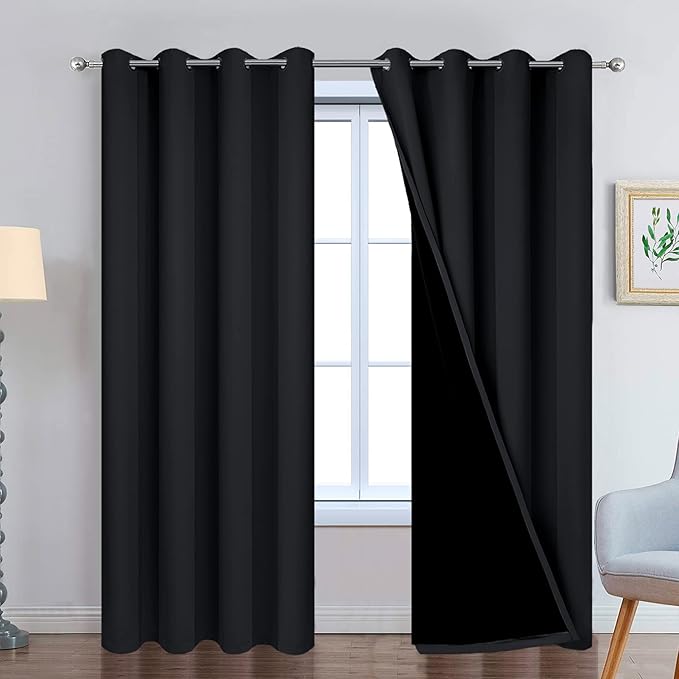 Yakamok 96 Inch Length 100% Blackout Curtains for Bedroom, 2 Thick Layers Thermal Insulated Grommet Total Blackout Drapes with Black Liner for Living Room (52Wx96L,Black, 2 Panels)
