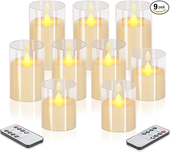 Flameless Candles 4" 5" 6" Acrylic Glass Pillars 3" Diameter Battery Operated Flickering Candles Include Remote with 24Hour Timer Function 400+ Hours by 2 AA Batteries (Pure White, Warm Light 9 Pack)