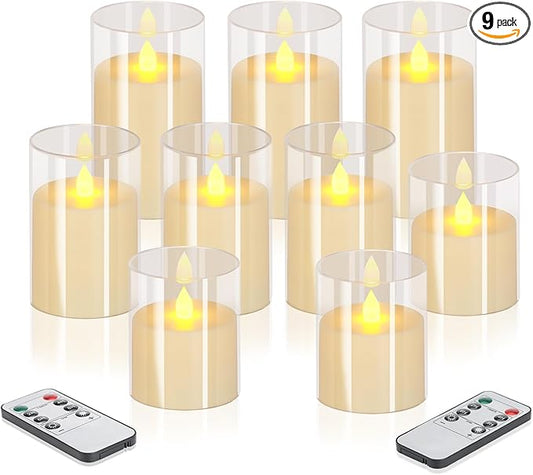 Flameless Candles 4" 5" 6" Acrylic Glass Pillars 3" Diameter Battery Operated Flickering Candles Include Remote with 24Hour Timer Function 400+ Hours by 2 AA Batteries (Pure White, Warm Light 9 Pack)
