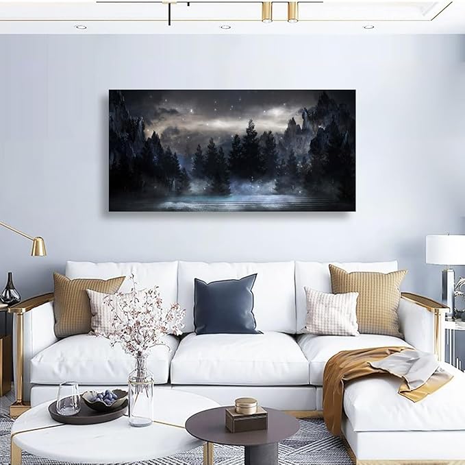 Mountain Canvas Wall Art for Living room Office Bedroom Forest Wall Art Print Oil Paintings Modern Lake Starry Sky Landscape Pictures Wall Decor Dream Artwork Waterproof Ready to Hang - 20in * 40inch