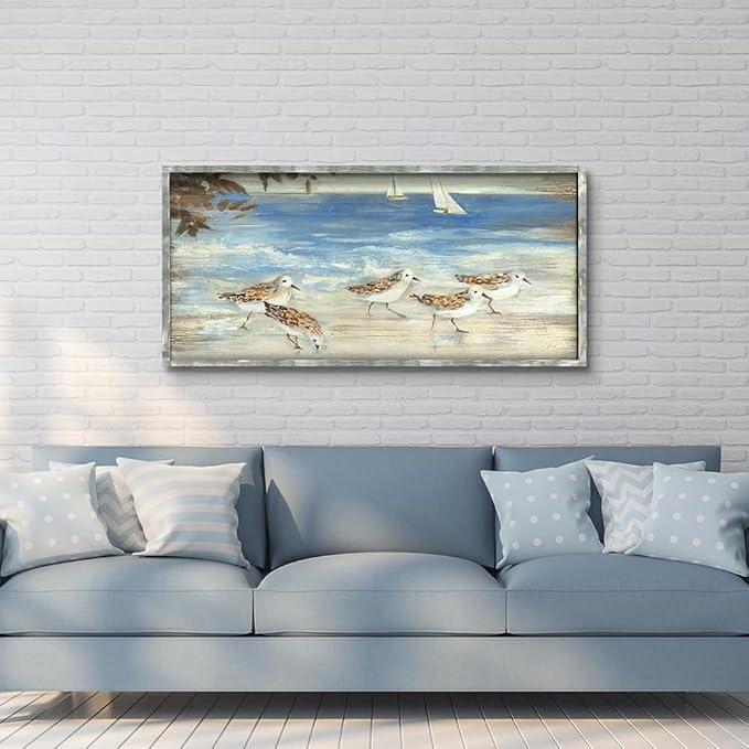 Coastal Beach Birds Framed Abstract Paintings Canvas Prints Wall Art for Bedroom Wall Decor Artworks Pictures Wall Decorations for Living Room(60"*30")
