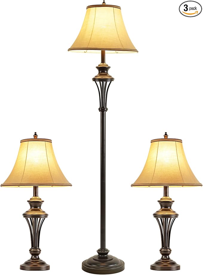3 Pack Lamp Set (2 Table Lamps, 1 Floor Lamp), 3-Piece Vintage Style Table and Floor Lamp Set in Bronze Finish with Brown Fabric Lamp Shades, 26" and 61"(H), Solid Iron
