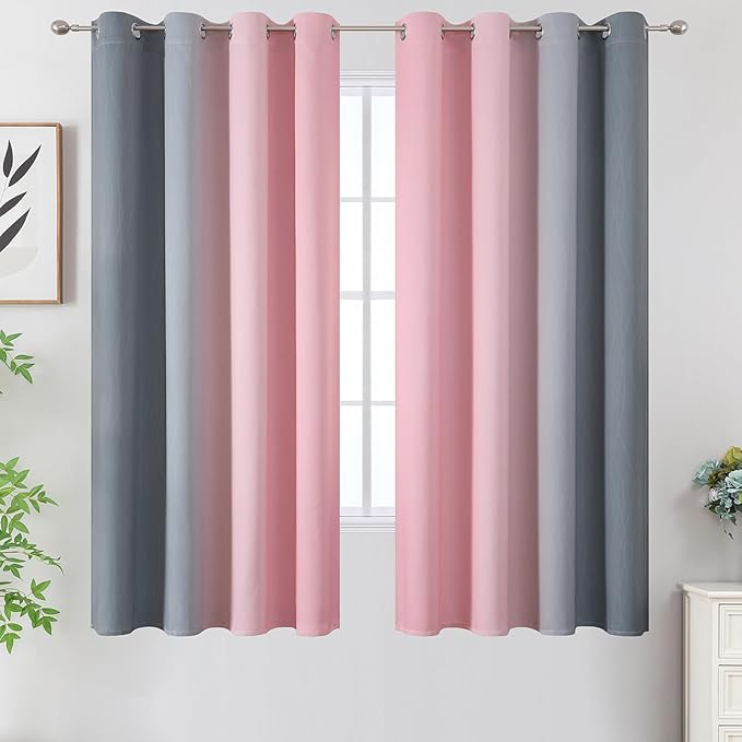 Estelar Textiler Ombre Gray and Pink Blackout Curtains 63 Inch Length 2 Panels, Full Light Blocking Curtains for Kids Room, Grommet Thermal Insulated Gradient Drapes for Girl's Room, 52x63 Inch