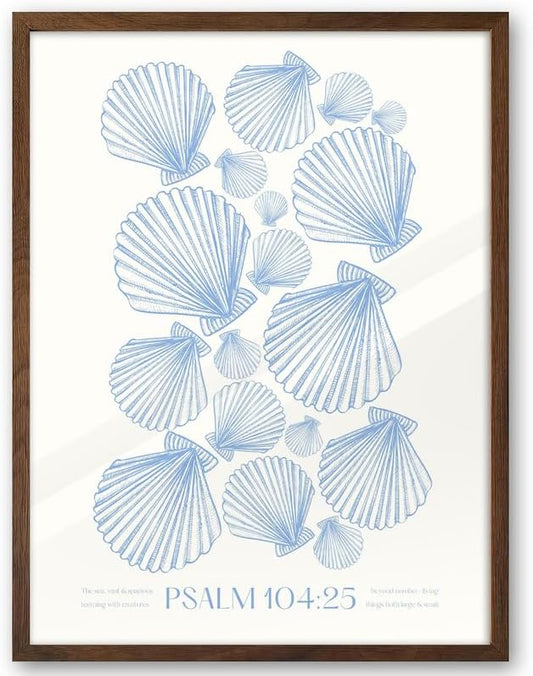 EcoHest Christian Bible Verse Framed Wall Art, 12x16 in Walnut Color OAK Wood Seashell Nautical Scripture Quote Canvas Wall Art, Psalm 104:25 Home Decor, Beige Logs 1Pack for Bedroom Living Room