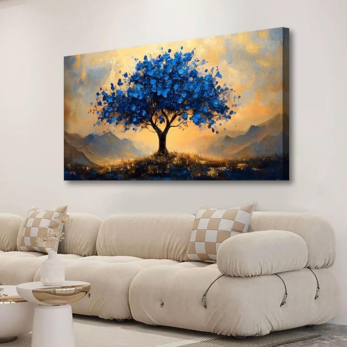Tree of Life Pictures Canvas Wall Art for Living room Office Bedroom Wall Decor,Ginkgo Tree Wall Art Print Paintings Modern Autumn Blue Scenery Artwork Waterproof Ready to Hang-20x40inch