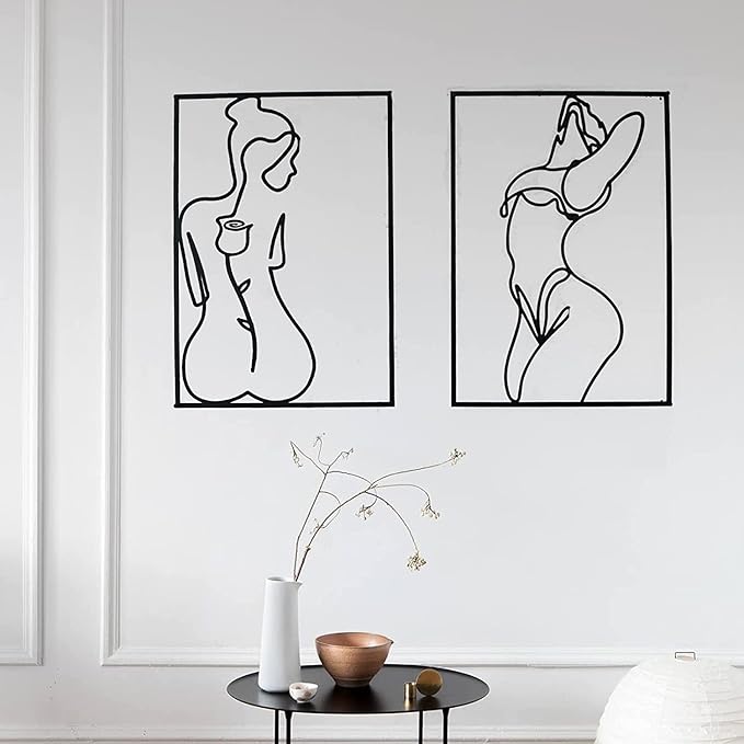 Glamativity Large 4 Pack Black Wall Art Décor, Minimalist Décor Single Line Art Wall Décor, Real Metal Wall Art, Woman's Body Shape Abstract Wall Art (Black Classic Style, L Size 22.5 x 15.7'')