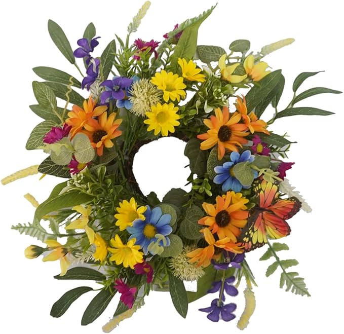 Spring Summer Candle Rings,Floral Candle Rings Wreaths 6 Inch,Daisy and Sunflowers,Mixed Flowers with 2pcs Plastic Candles,Perfect for Spring Decor,Centerpieces for Tables,Indoor Outdoor Home Decor