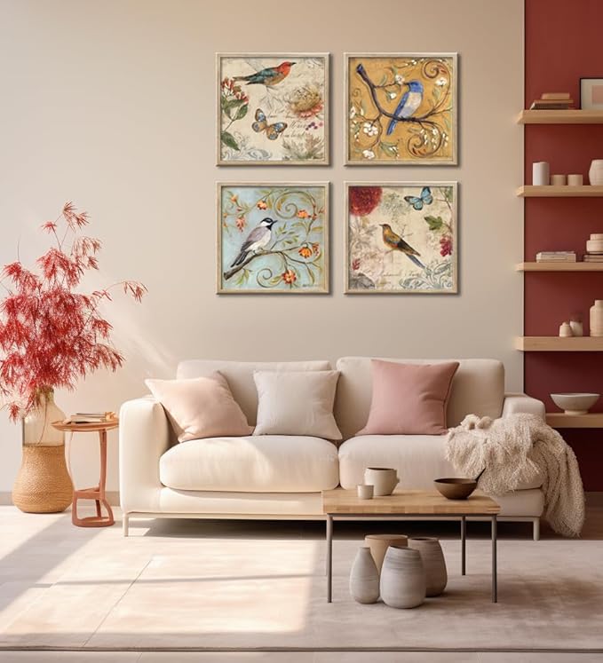 Framed Flowers Birds Canvas Wall Art for Bedroom Floral Wall Decor Butterfly Picture Artwork Vintage Prints Paintings for Bathroom Kitchen Decorations 12"x12"