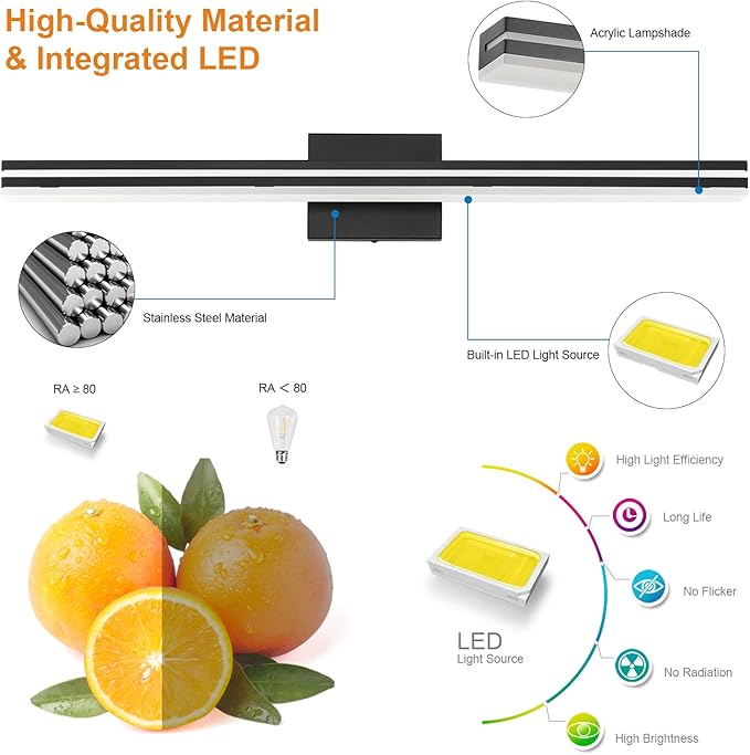 SineRise 32-Inch LED Modern Bathroom Vanity Light Bar, Matte Black Modern Acrylic Bathroom Wall Lighting Fixtures Over Mirror (Cool White 6000K)