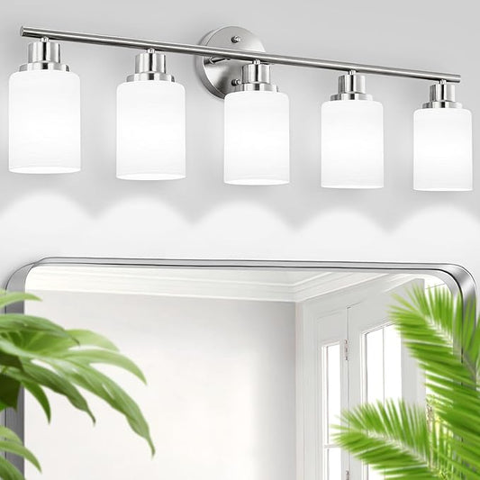 5-Light Brushed Nickel Vanity Lights, Bathroom Light Fixtures with Textured Milky White Glass Shade, Modern Bathroom Lighting Fixtures Over Mirror Wall Sconce Light - E26 Base