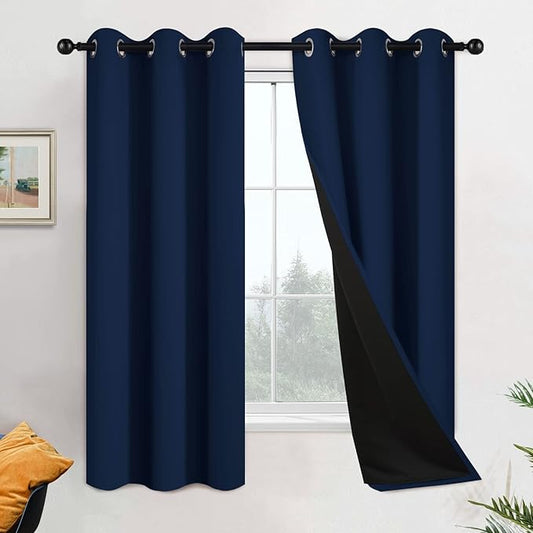 Yakamok 100% Blackout Lined Pair Curtains for Bedroom, Window Treatment Thermal Insulated Soundproof Drapes for Living Room(42Wx63L,Navy Blue, 2 Panels)