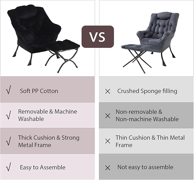 Lazy Chair with Ottoman, Modern Chair with Folding Footrest, Lounge Accent Chair, Comfortable Reading Chair for Bedroom, Study, Living Room, Small Space (Plush Black)