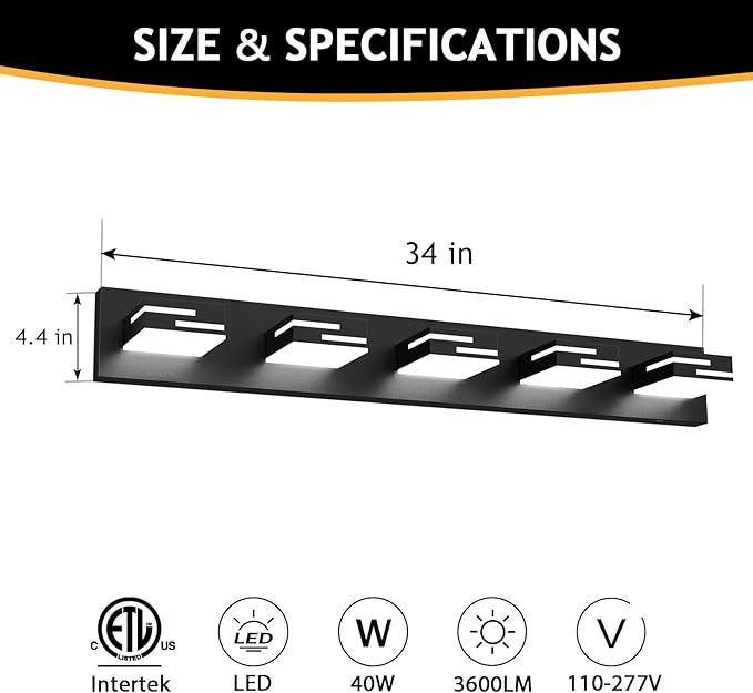 LED Modern Bathroom Vanity Light Fixtures 5-Light 5CCT Dimmable Matte Black Vanity Lights for Bathroom Lighting Fixtures Over Mirror, with 350° Rotatable Acrylic Heads, 34-inch