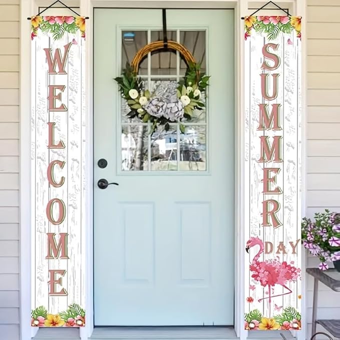 2pcs Welcome Summer Door Banner Hawaiian Flamingo Porch Banners Sign Sunshine Hibiscus Floral Front Door Hanging Decor Banner for Seasonal Home Hawaii Tropical Party Outdoor Decorations