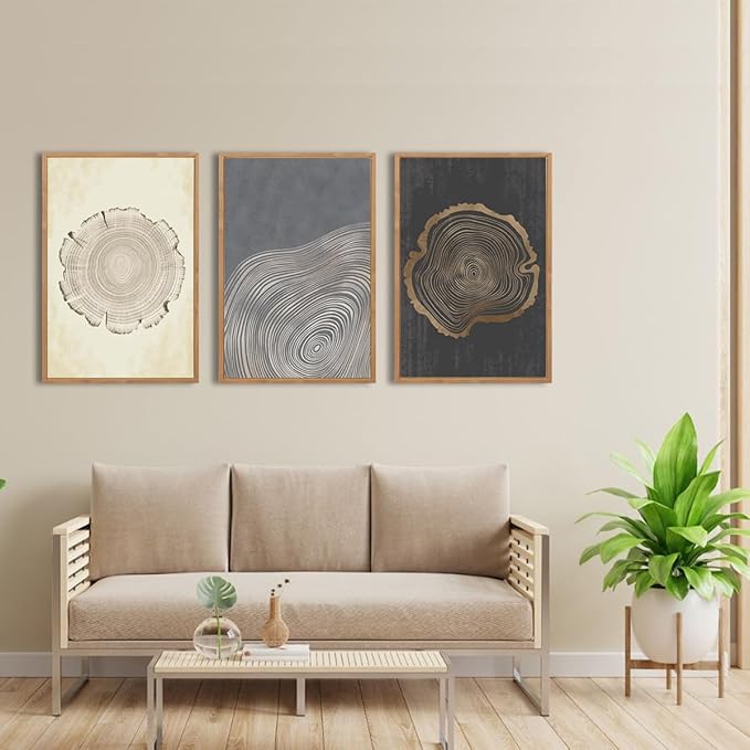 IARTTOP Large Framed Neutral Tree Ring Wall Art 16x24 Inch Set of 3 Modern Abstract Minimalist Wood Stump Wall Decor for Living Room Bedroom Office
