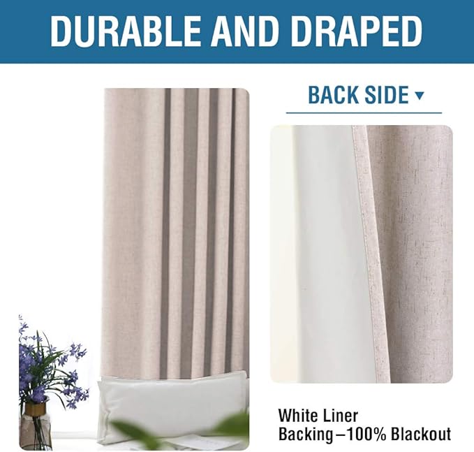 H.VERSAILTEX 100% Blackout Curtains for Bedroom 63 Inches Long Grommet Linen Face Full Light Blocking Curtain Drapes for Living Room Thermal Linen Look Curtains 2 Panels Set, 52" W x 63" L, Natural
