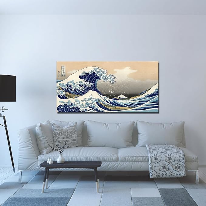 QBQT The Great Wave Off Kanagawa Japanese Famous Painting Prints Home Office Bedroom Decor Large Artwork for Living Room Kitchen Hallway Wall Decor Frame 20x40inch