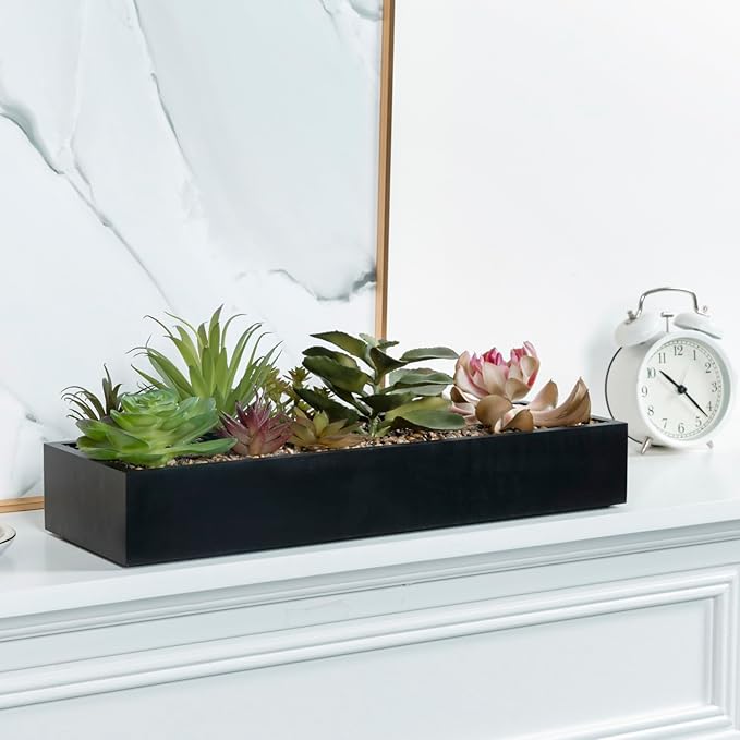 MyGift Artificial Assorted Succulent Arrangement in Rectangular Black Wood Planter Box, Fake Plant Decor