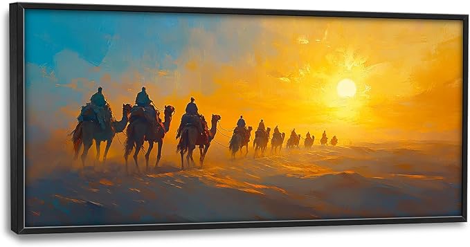 Flintis Large Desert Camel Framed Wall Art Sunset Camels Pictures Wall Decor Abstract Natural Landscape Canvas Painting Print Artworks Framed for Living Room Bathroom Master Bedroom 60L X 30W