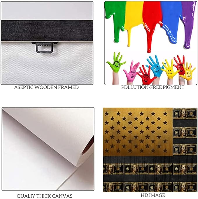 Abstract Dollars Creative USA Flag Wall Art Golden Vintage Bill American Flag Creative Inspirational Framed Posters Prints Paintings Artwork for Home Walls Guest Roomm Study Room Gym Decor-40"Wx20"H