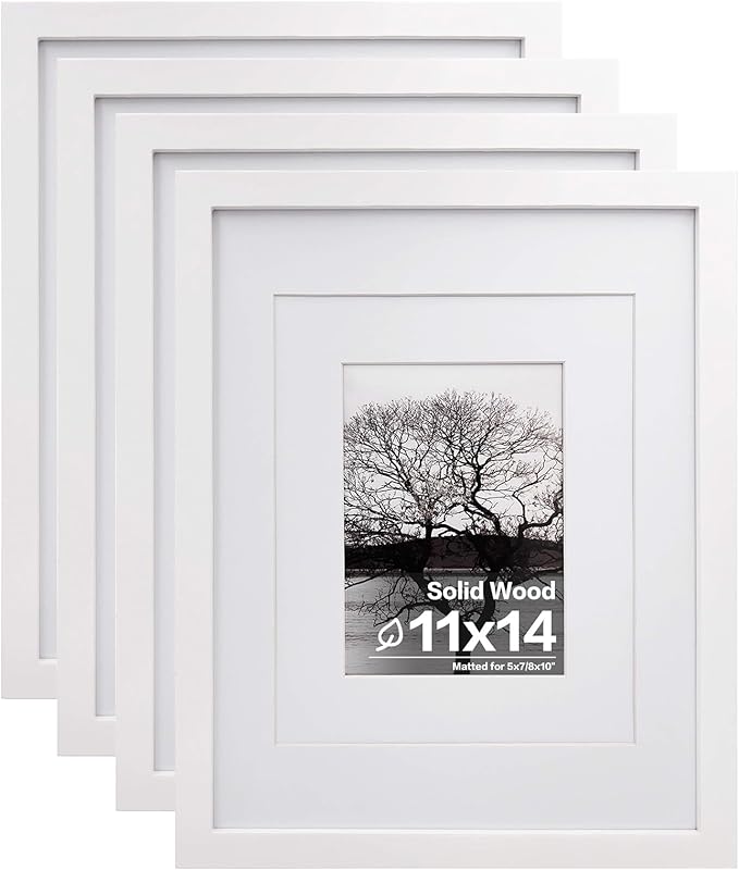 Egofine 11x14 Picture Frames Set of 4, Made of Solid Wood Covered by Plexiglass 5x7 and 8x10 with Mat or 11x14 without Mat, for Table Top Display and Wall Mounting Photo Frame White