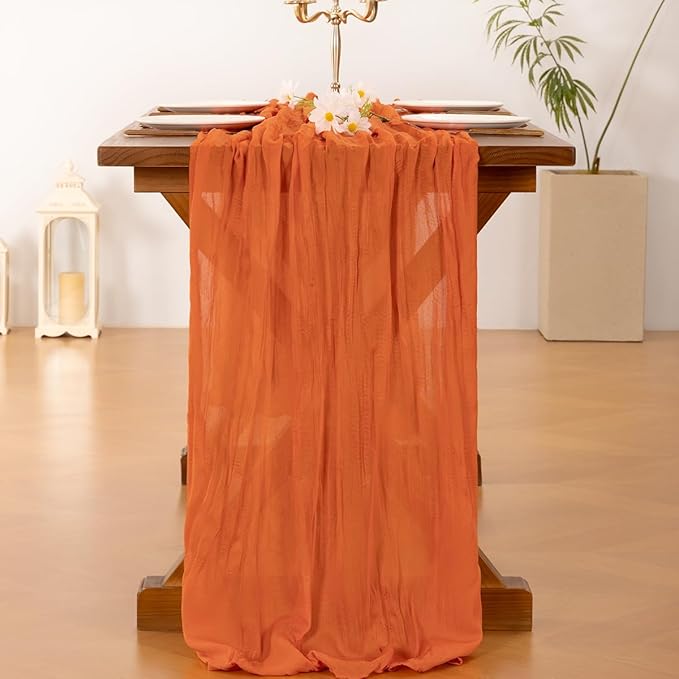 Socomi 10pcs Orange Fall Thanksgiving Cheesecloth Table Runner Boho Rustic Gauze 120 inch 10FT Cheese Cloth Runner for Wedding Party Baby Shower Birthday Home Decor Holiday Decorations