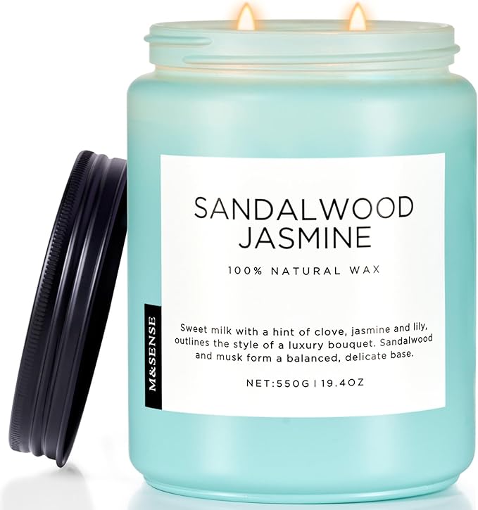 M&SENSE Sandalwood Jasmine Scented Candles, Large Soy Natural Long Lasting 19.4oz 110 Hour Burning Floral Non Toxic Double Wick Aromatherapy Candle Gifts for Women Friend