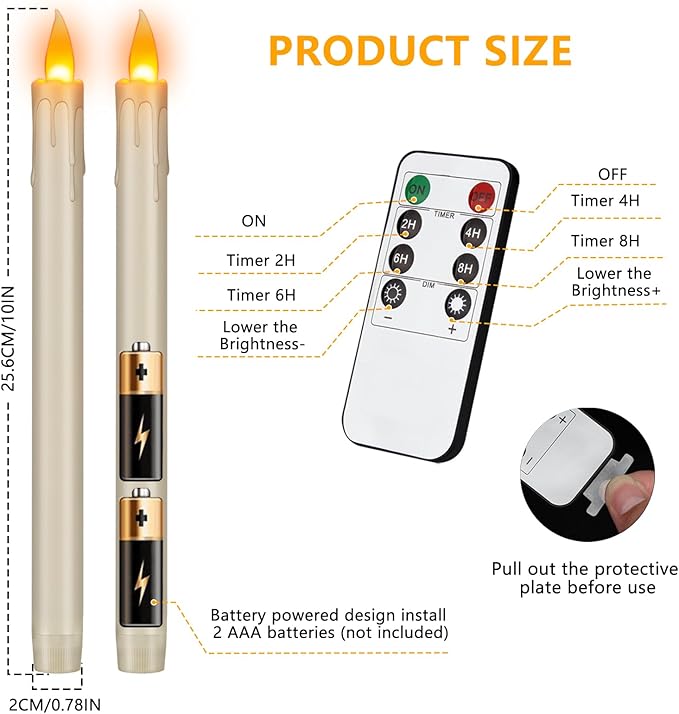 Flameless Taper Candles 10" Dripless Battery Operated Taper Candles Included Remote Timer 400+ Hours by 2AA Batteries for Halloween Christmas Wedding (Ivory Drip, 24 Pack)