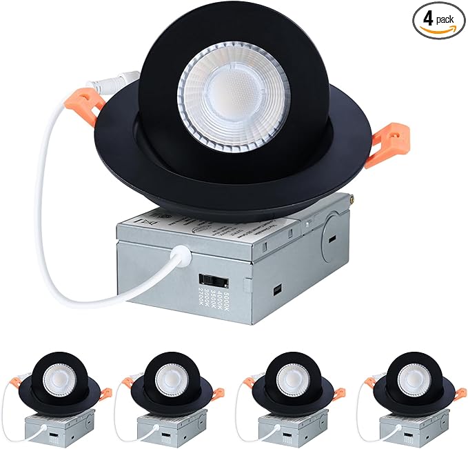 ZYC Black Gimbal Recessed Lighting - 4 Inch 9W 360° Rotation Gimbal, Adjustable Eyeball Light, LED Swivel Spotlight, Directional Sloped Ceiling Light, Dimmable Wafer Downlight, 5CCT Pack of 4 Black.