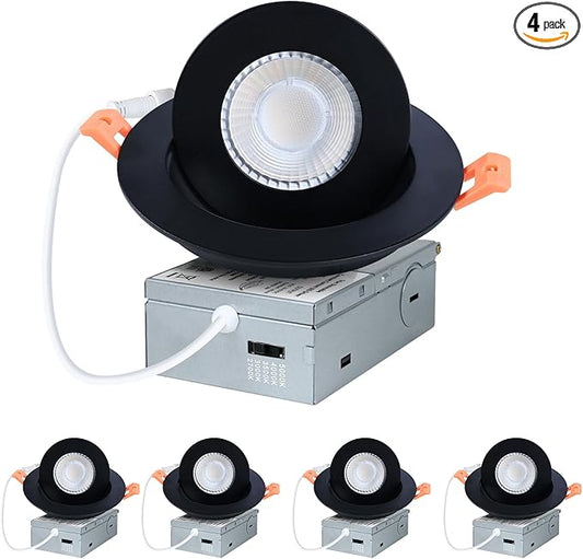 ZYC Black Gimbal Recessed Lighting - 4 Inch 9W 360° Rotation Gimbal, Adjustable Eyeball Light, LED Swivel Spotlight, Directional Sloped Ceiling Light, Dimmable Wafer Downlight, 5CCT Pack of 4 Black.