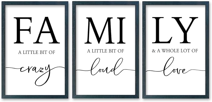 SRSZHIYUE Family Wall Art A Little Bit Of Crazy Loud Sign Wall Decor Art Set of 3 16"×11" Prints Wood Framed for Large Rustic Farmhouse Minimalist Living Room Entryway Wall Hanging (Black)